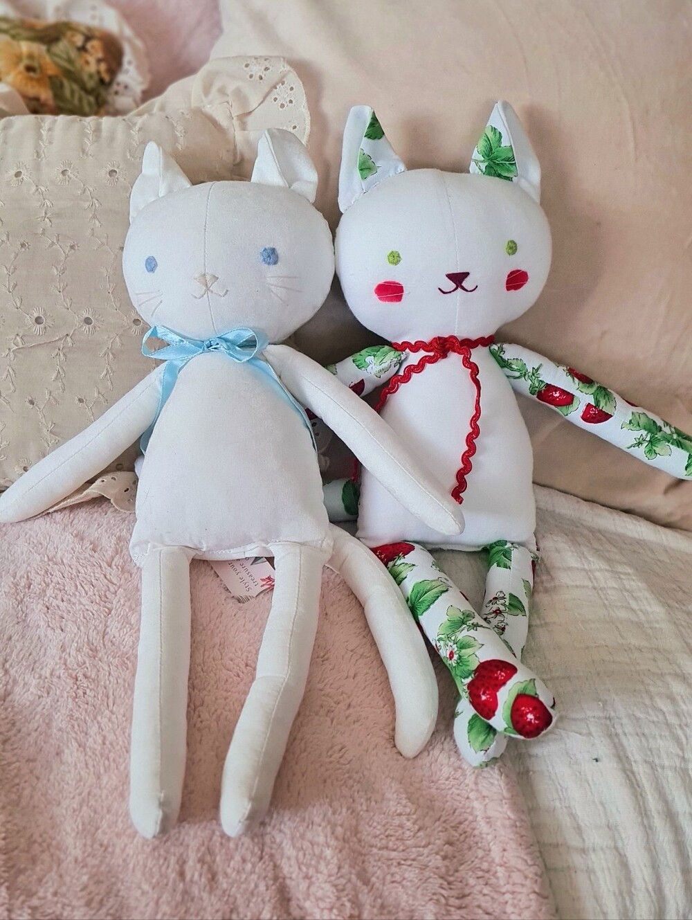 Handmade Cat Ragdolls, White with Floral Accents & Strawberry Print